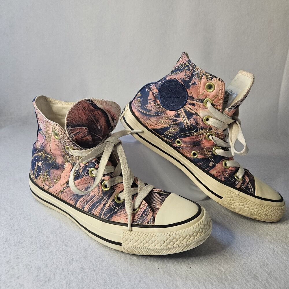 Converse Chuck Taylor All Star Sz 6 Women Gold Feather Pink & Blue High Top